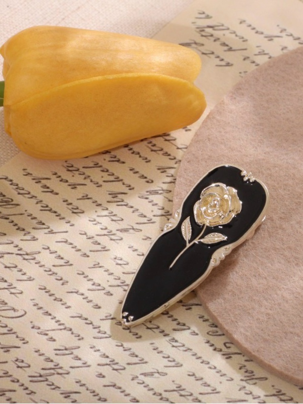 Elegant Black Rose Enamel Hair Clip